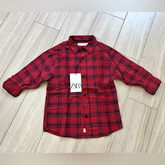 Zara red plaid button down shirt, size 6 - Picture 2 of 5